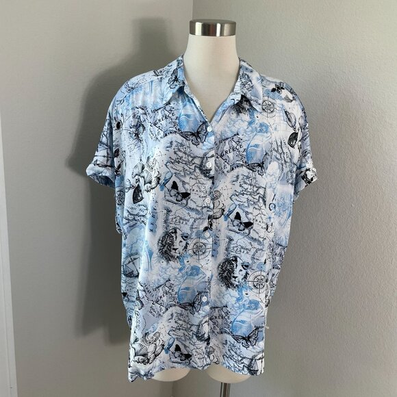 Jane + Delancey Womens Plus 2X Button Up Shirt Greece Map Short Sleeve Blouse - Picture 1 of 12